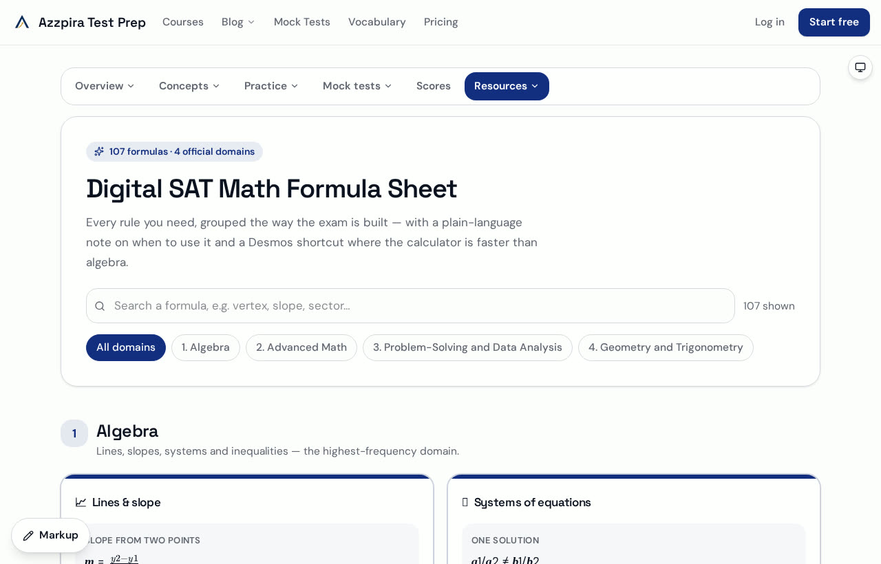 The Digital SAT Math formula sheet with searchable cards grouped by official domain
