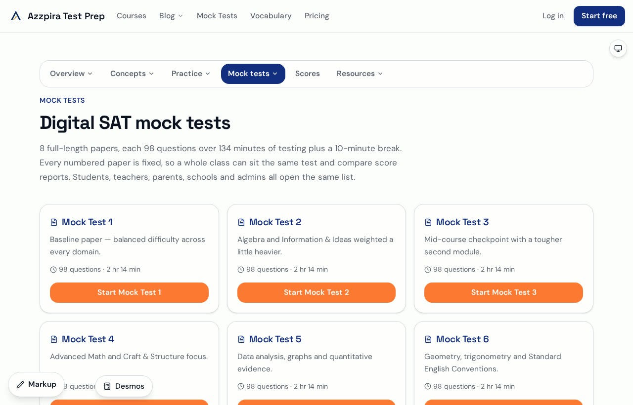 The Digital SAT mock test list showing eight full-length papers with question counts and timings