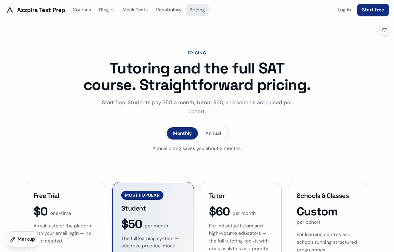 The Azzpira pricing page showing student, tutor and organisation plans